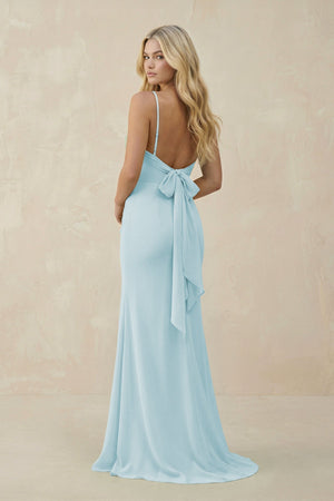 Cowl Neck Sheath Chiffon Bridesmaid Dress with Corset in Sky Blue - KissProm Bridesmaid Dresses
