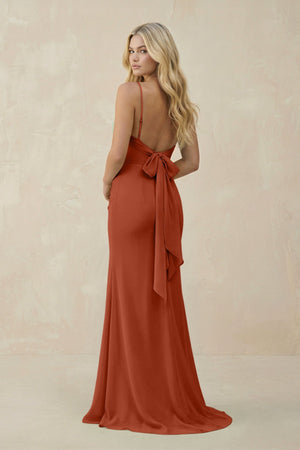 Cowl Neck Sheath Chiffon Bridesmaid Dress with Corset in Spice - KissProm Bridesmaid Dresses