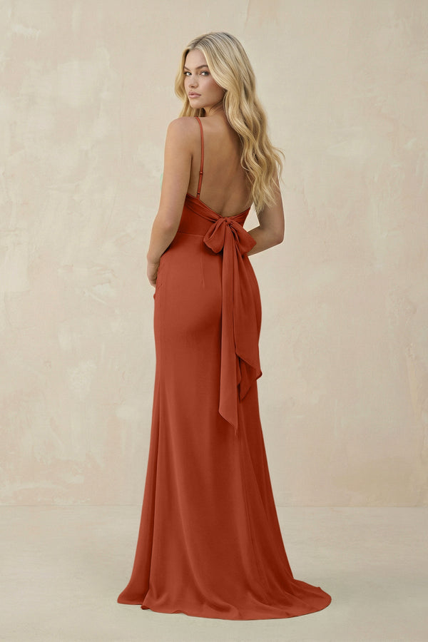 Cowl Neck Sheath Chiffon Bridesmaid Dress with Corset in Spice - KissProm Bridesmaid Dresses