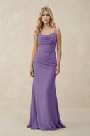 Cowl Neck Sheath Chiffon Bridesmaid Dress with Corset in Tahiti - KissProm Bridesmaid Dresses