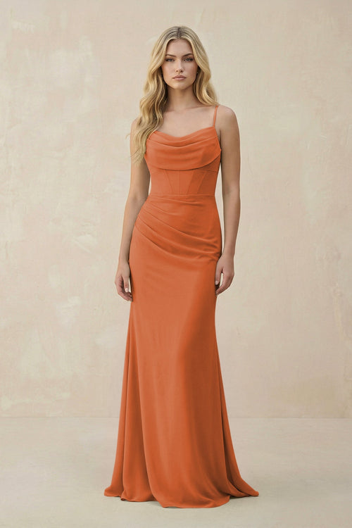 KissProm Cowl Neck Sheath Chiffon Bridesmaid Dress with Corset in Terracotta, Terracotta / 16