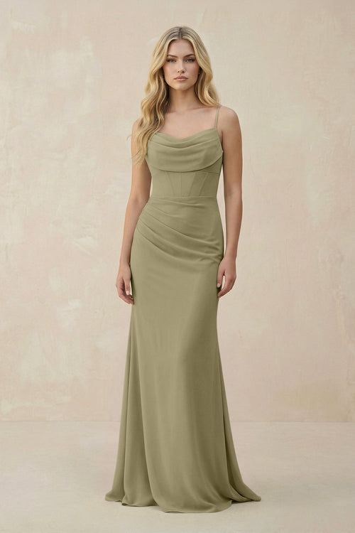 Cowl Neck Sheath Chiffon Bridesmaid Dress with Corset in Thyme - KissProm Bridesmaid Dresses