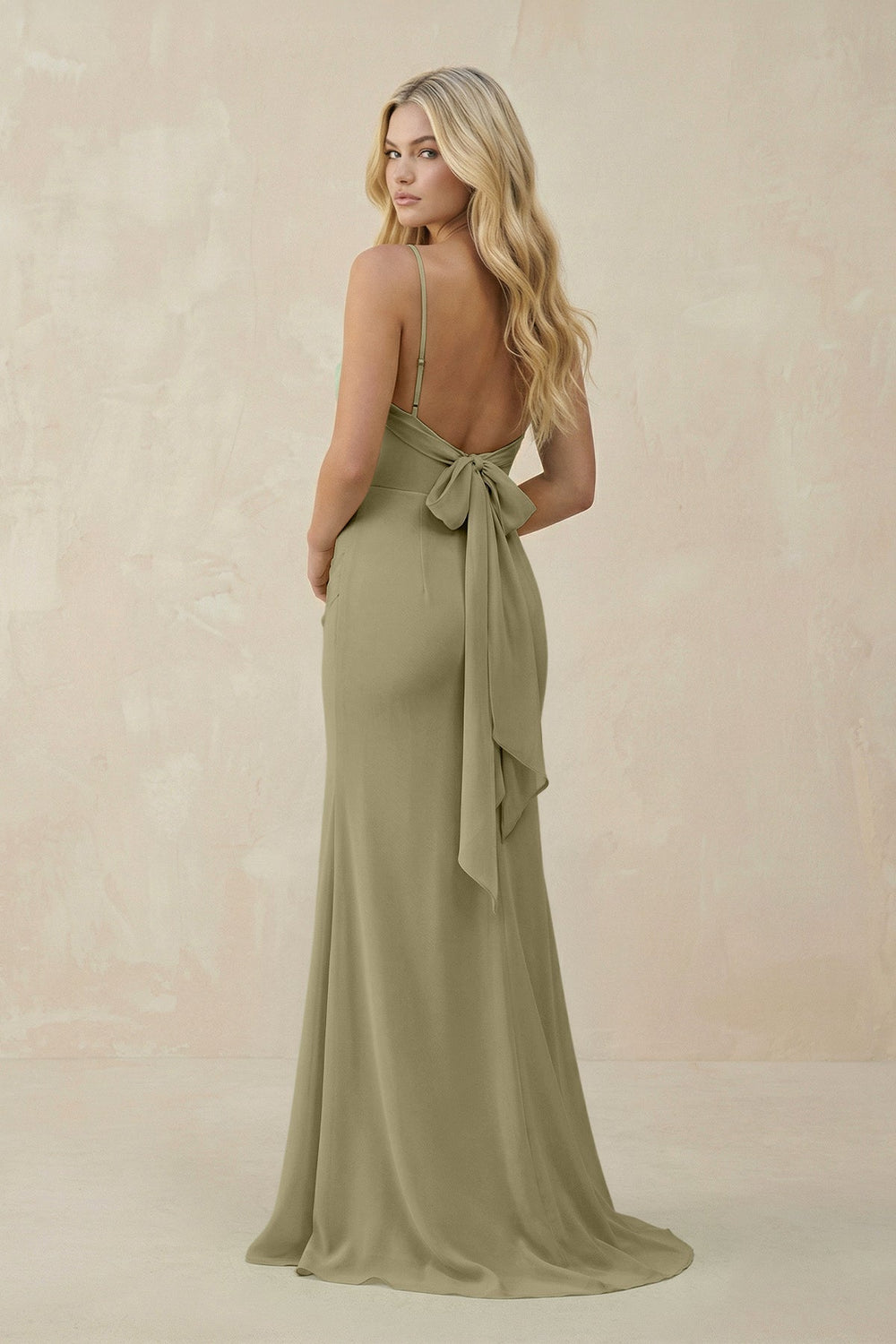 Cowl Neck Sheath Chiffon Bridesmaid Dress with Corset in Thyme - KissProm Bridesmaid Dresses
