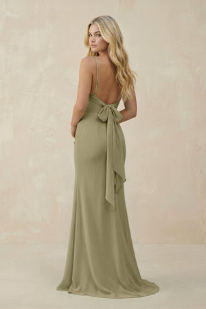 Cowl Neck Sheath Chiffon Bridesmaid Dress with Corset in Thyme - KissProm Bridesmaid Dresses