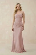 Cowl Neck Sheath Chiffon Bridesmaid Dress with Corset in Toffee - KissProm Bridesmaid Dresses