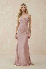 Cowl Neck Sheath Chiffon Bridesmaid Dress with Corset in Toffee - KissProm Bridesmaid Dresses
