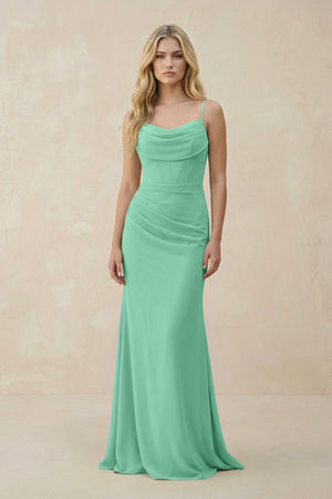 Cowl Neck Sheath Chiffon Bridesmaid Dress with Corset in Turquoise - KissProm Bridesmaid Dresses