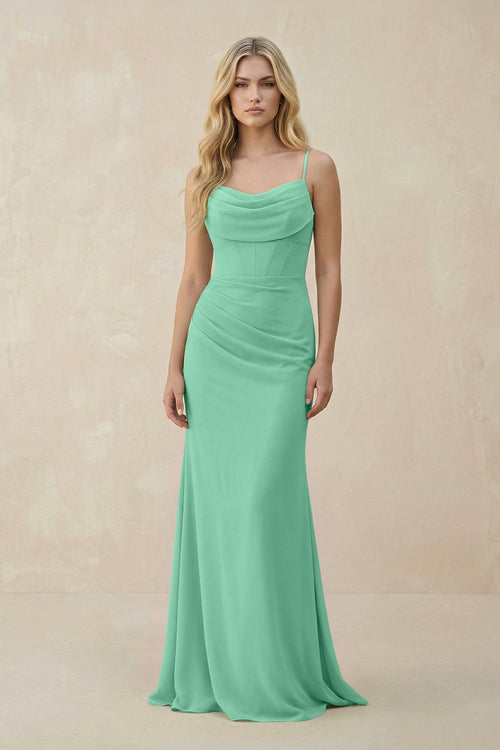 Cowl Neck Sheath Chiffon Bridesmaid Dress with Corset in Turquoise - KissProm Bridesmaid Dresses