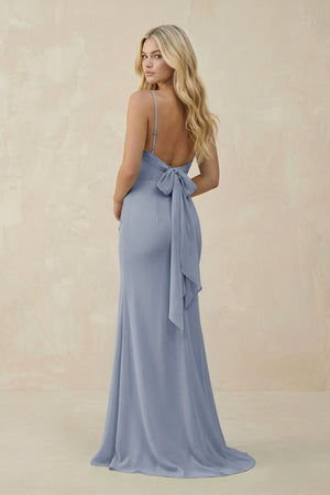 Cowl Neck Sheath Chiffon Bridesmaid Dress with Corset in Twilight - KissProm Bridesmaid Dresses
