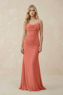 Cowl Neck Sheath Chiffon Bridesmaid Dress with Corset in Wild Rose - KissProm Bridesmaid Dresses