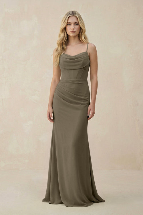 Cowl Neck Sheath Chiffon Bridesmaid Dress with Corset in Willow Green - KissProm Bridesmaid Dresses