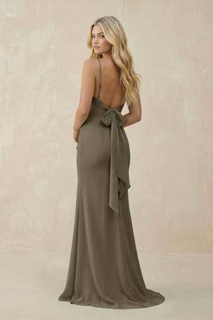 Cowl Neck Sheath Chiffon Bridesmaid Dress with Corset in Willow Green - KissProm Bridesmaid Dresses