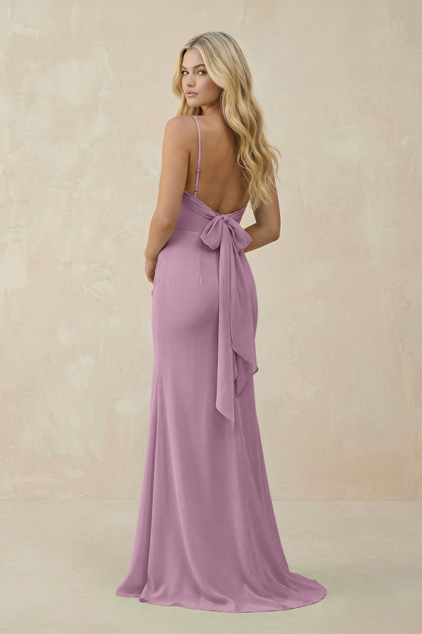 Cowl Neck Sheath Chiffon Bridesmaid Dress with Corset in Wisteria - KissProm Bridesmaid Dresses
