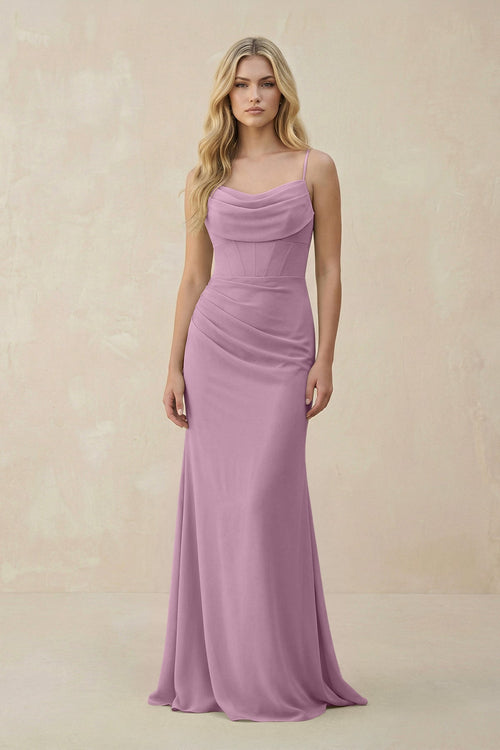 Cowl Neck Sheath Chiffon Bridesmaid Dress with Corset in Wisteria - KissProm Bridesmaid Dresses