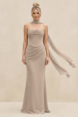 Cowl Neck Sheath Chiffon Bridesmaid Dress with Ribbon in Almond - KissProm Bridesmaid Dresses