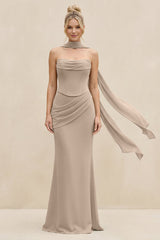 Cowl Neck Sheath Chiffon Bridesmaid Dress with Ribbon in Almond - KissProm Bridesmaid Dresses