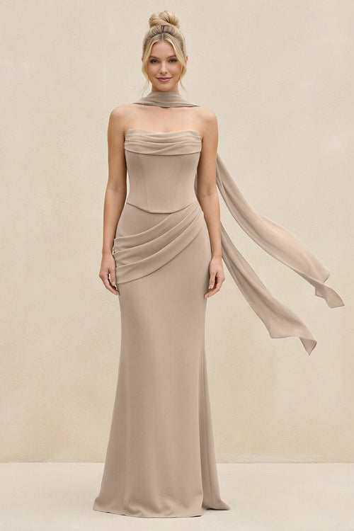 Cowl Neck Sheath Chiffon Bridesmaid Dress with Ribbon in Almond - KissProm Bridesmaid Dresses