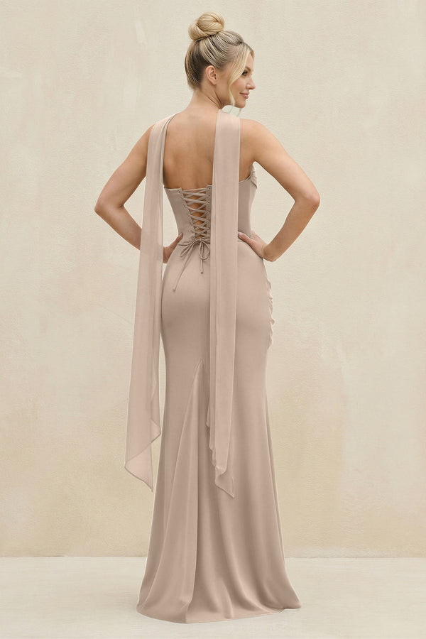 Cowl Neck Sheath Chiffon Bridesmaid Dress with Ribbon in Almond - KissProm Bridesmaid Dresses