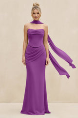 Cowl Neck Sheath Chiffon Bridesmaid Dress with Ribbon in Amethyst - KissProm Bridesmaid Dresses
