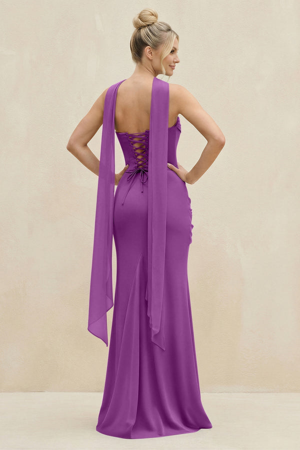 Cowl Neck Sheath Chiffon Bridesmaid Dress with Ribbon in Amethyst - KissProm Bridesmaid Dresses