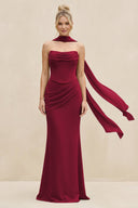 Cowl Neck Sheath Chiffon Bridesmaid Dress with Ribbon in Berry - KissProm Bridesmaid Dresses