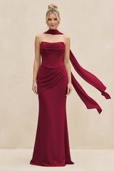 Cowl Neck Sheath Chiffon Bridesmaid Dress with Ribbon in Berry - KissProm Bridesmaid Dresses