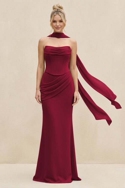 Cowl Neck Sheath Chiffon Bridesmaid Dress with Ribbon in Berry - KissProm Bridesmaid Dresses