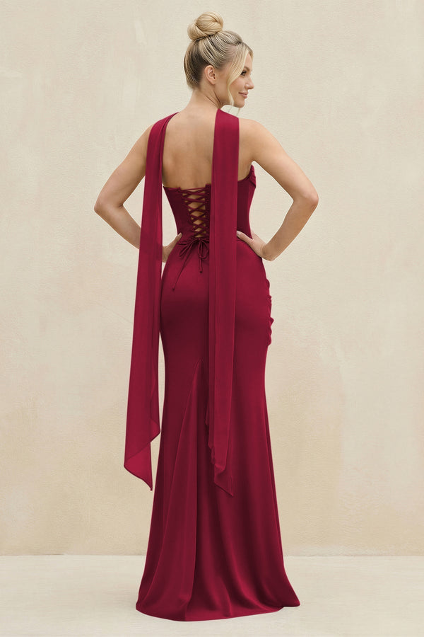 Cowl Neck Sheath Chiffon Bridesmaid Dress with Ribbon in Berry - KissProm Bridesmaid Dresses
