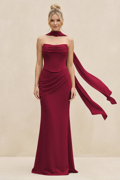 Cowl Neck Sheath Chiffon Bridesmaid Dress with Ribbon in Berry - KissProm Bridesmaid Dresses