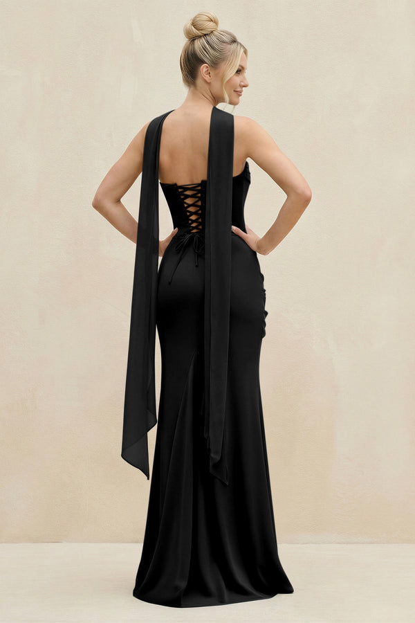 Cowl Neck Sheath Chiffon Bridesmaid Dress with Ribbon in Black - KissProm Bridesmaid Dresses