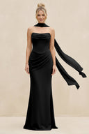 Cowl Neck Sheath Chiffon Bridesmaid Dress with Ribbon in Black - KissProm Bridesmaid Dresses