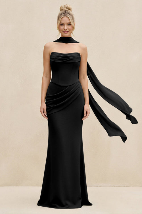 Cowl Neck Sheath Chiffon Bridesmaid Dress with Ribbon in Black - KissProm Bridesmaid Dresses