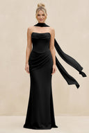 Cowl Neck Sheath Chiffon Bridesmaid Dress with Ribbon in Black - KissProm Bridesmaid Dresses