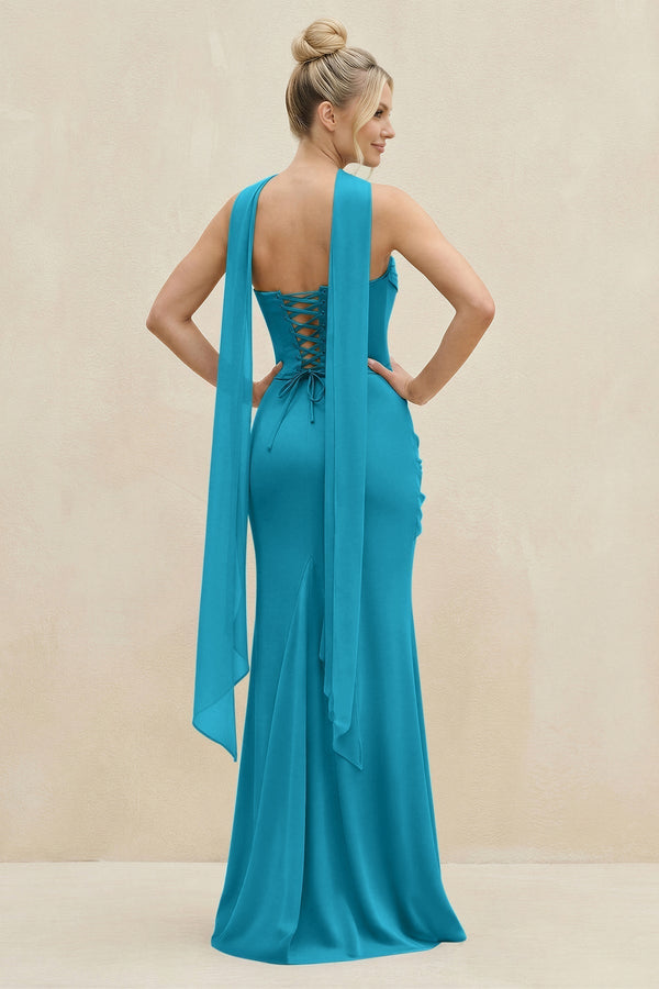 Cowl Neck Sheath Chiffon Bridesmaid Dress with Ribbon in Blue Jay - KissProm Bridesmaid Dresses