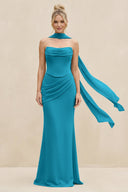 Cowl Neck Sheath Chiffon Bridesmaid Dress with Ribbon in Blue Jay - KissProm Bridesmaid Dresses