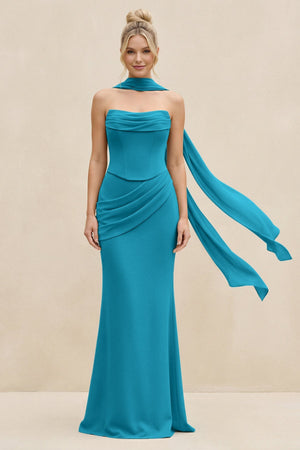 Cowl Neck Sheath Chiffon Bridesmaid Dress with Ribbon in Blue Jay - KissProm Bridesmaid Dresses