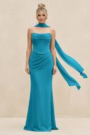 Cowl Neck Sheath Chiffon Bridesmaid Dress with Ribbon in Blue Jay - KissProm Bridesmaid Dresses