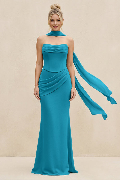 Cowl Neck Sheath Chiffon Bridesmaid Dress with Ribbon in Blue Jay - KissProm Bridesmaid Dresses