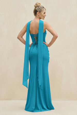 Cowl Neck Sheath Chiffon Bridesmaid Dress with Ribbon in Blue Jay - KissProm Bridesmaid Dresses