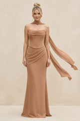 Cowl Neck Sheath Chiffon Bridesmaid Dress with Ribbon in Bronzer - KissProm Bridesmaid Dresses