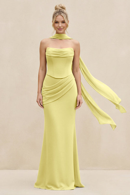 Cowl Neck Sheath Chiffon Bridesmaid Dress with Ribbon in Buttercup - KissProm Bridesmaid Dresses
