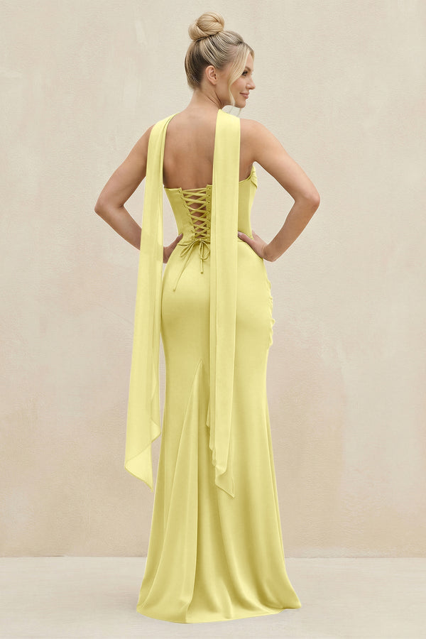 Cowl Neck Sheath Chiffon Bridesmaid Dress with Ribbon in Buttercup - KissProm Bridesmaid Dresses