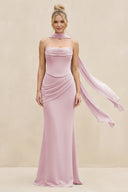 Cowl Neck Sheath Chiffon Bridesmaid Dress with Ribbon in Candy Pink - KissProm Bridesmaid Dresses