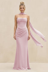 Cowl Neck Sheath Chiffon Bridesmaid Dress with Ribbon in Candy Pink - KissProm Bridesmaid Dresses