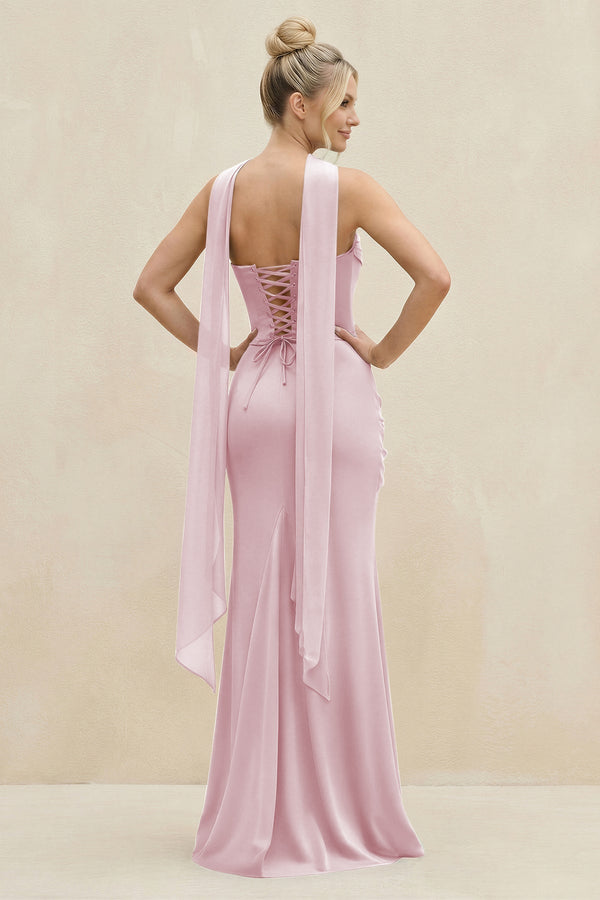 Cowl Neck Sheath Chiffon Bridesmaid Dress with Ribbon in Candy Pink - KissProm Bridesmaid Dresses