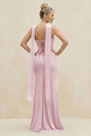 Cowl Neck Sheath Chiffon Bridesmaid Dress with Ribbon in Candy Pink - KissProm Bridesmaid Dresses