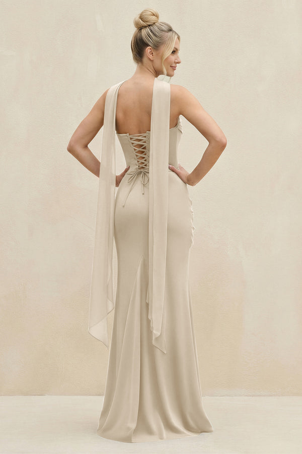 Cowl Neck Sheath Chiffon Bridesmaid Dress with Ribbon in Champagne - KissProm Bridesmaid Dresses