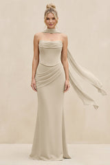 Cowl Neck Sheath Chiffon Bridesmaid Dress with Ribbon in Champagne - KissProm Bridesmaid Dresses