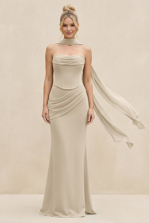 Cowl Neck Sheath Chiffon Bridesmaid Dress with Ribbon in Champagne - KissProm Bridesmaid Dresses