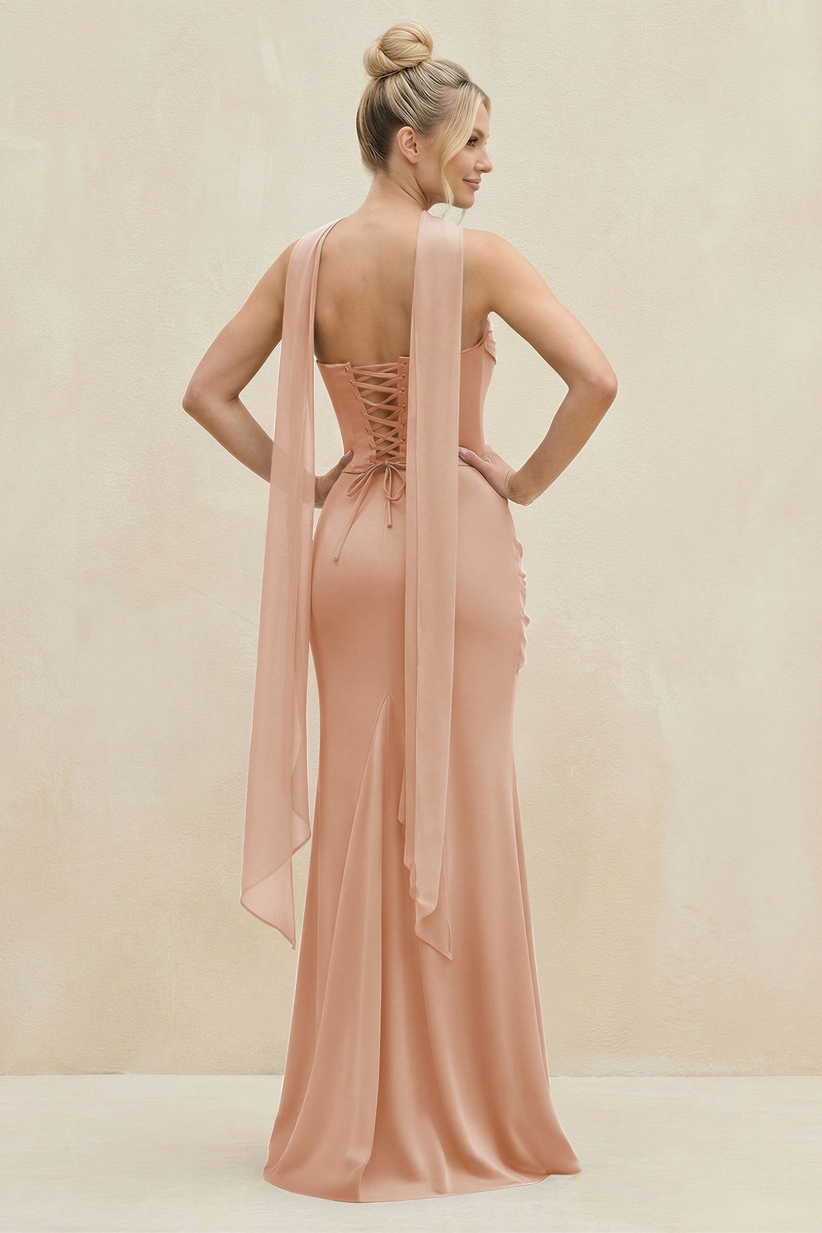 KissProm Cowl Neck Sheath Chiffon Bridesmaid Dress with Ribbon in Champagne Rose, Champagne Rose / 14